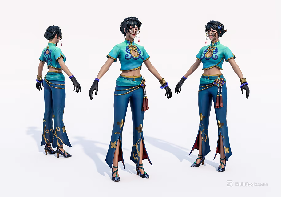 Animated Female Game Character Design With Turquoise Top Blue Flared Pants And Gold Tassel Accessories 3d model 
