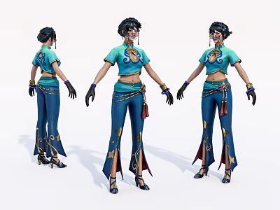 Animated Female Game Character Design With Turquoise Top Blue Flared Pants And Gold Tassel Accessories 3d model