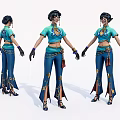Animated Female Game Character Design With Turquoise Top Blue Flared Pants And Gold Tassel Accessories