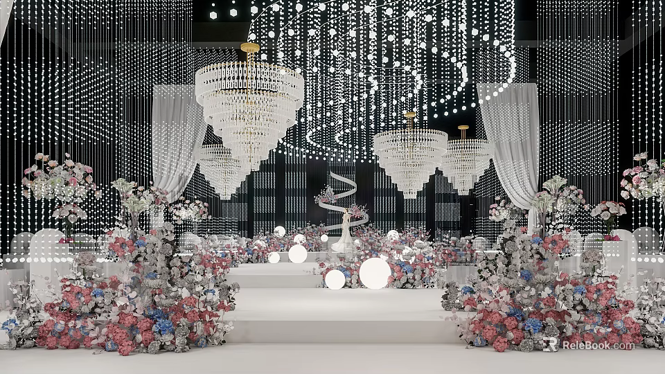 Elegant Banquet Hall Interior Featuring Crystal Chandeliers Flower Arrangements And Stage 3d model 