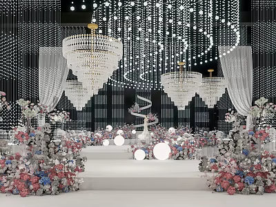 Elegant Banquet Hall Interior Featuring Crystal Chandeliers Flower Arrangements And Stage 3d model