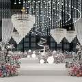 Elegant Banquet Hall Interior Featuring Crystal Chandeliers Flower Arrangements And Stage