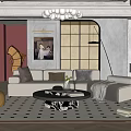 Modern Luxury Living Room Interior With Beige Sofa Brown Armchair And Black White Geometric Rug