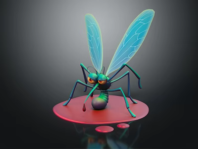3D Mosquito Character With Colorful Body Transparent Wings Red Eyes On Red Circular Base Droplets 3d model