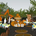 Orange Themed Park Landscape With Arched Decor Basket Of Oranges Colorful Balloons And Green Trees