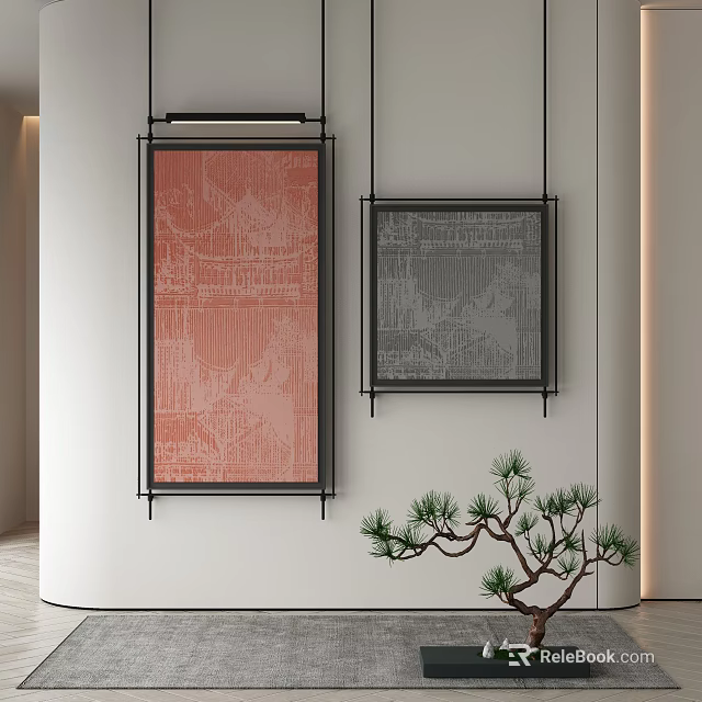 Stylish Console Table With Red Gray Decorative Paintings And Pine Tree Decor 3d model