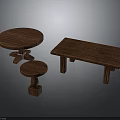 Wooden Furniture Set Including Round Table Rectangular Bench And Small Stool