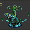 Futuristic Game Movie Character with Orange Hair Black Outfit Blue Glowing Aura Floating Console Dice