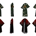Traditional Kimono Collection Featuring Green Red Gradient And Black With Floral Patterns And Obi Belt