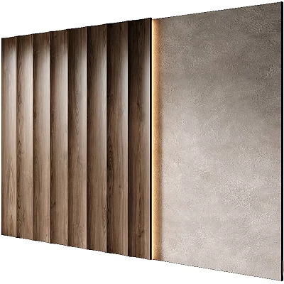 Modern Wooden Striped Wall with Gray Textured Surface in Interior Design Lighting Effect 3d model