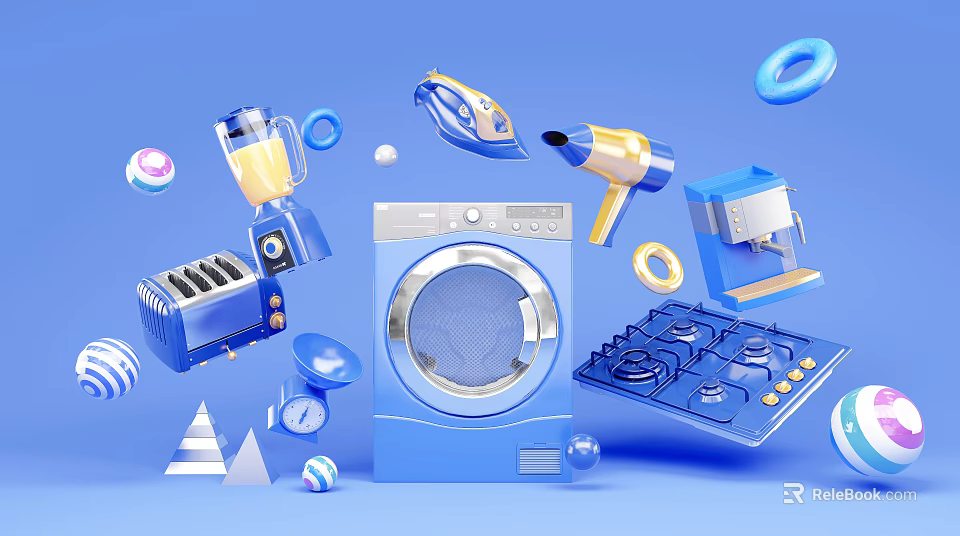 Blue 3D Home Appliances Display With Toaster Blender Washing Machine And Decor 3d model 