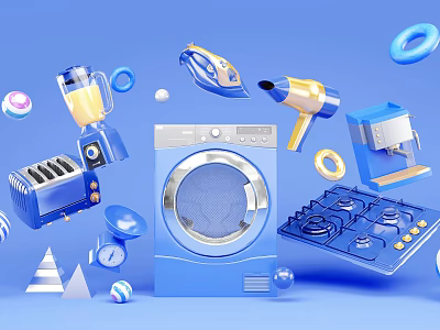 Blue 3D Home Appliances Display With Toaster Blender Washing Machine And Decor 3d model