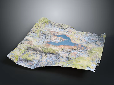 Detailed Terrain Model Showcasing Mountain Ranges Blue Lake And Green Vegetation 3d model