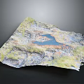 Detailed Terrain Model Showcasing Mountain Ranges Blue Lake And Green Vegetation