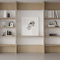 Modern Wooden Bookcase With Central Artwork Open Shelves And Decorative Items