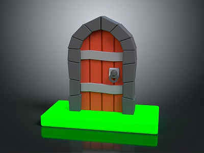 Medieval Red Wooden Door With Gray Stone Arch Frame Metal Bands And Green Base 3d model