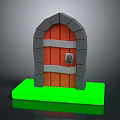 Medieval Red Wooden Door With Gray Stone Arch Frame Metal Bands And Green Base