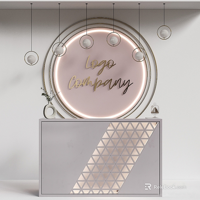 Front Desk Reception Area With Circular Logo Hanging Pendant Lights Gray Counter And Triangular Pattern 3d model 