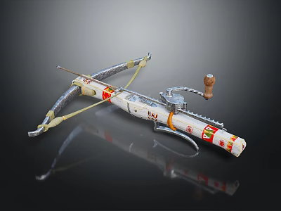 Handcrafted Crossbow Featuring Wooden Grip Metal Frame And Colorful Decorative Patterns 3d model