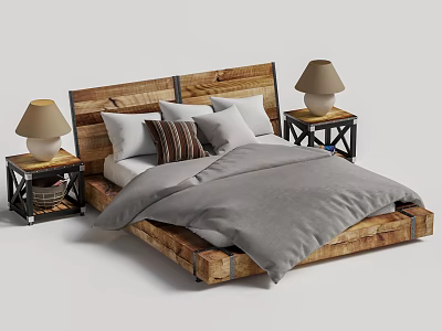 Double Bed With Wooden Headboard Gray Comforter Striped And White Pillows Black Metal Nightstands And Lamps 3d model