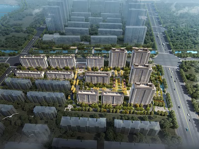 Aerial Planning Of Residential Community With Buildings Roads Greenery And Water Bodies 3d model