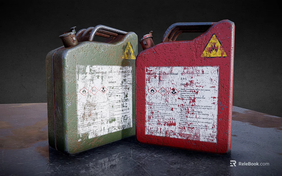 Green And Red Worn Fuel Cans With Warning Symbols And Labels 3d model 