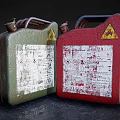 Green And Red Worn Fuel Cans With Warning Symbols And Labels
