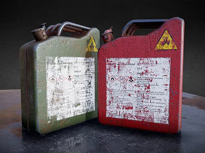 Green And Red Worn Fuel Cans With Warning Symbols And Labels 3d model