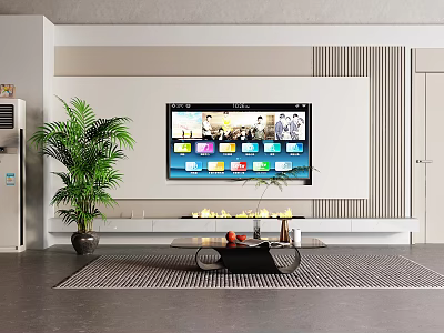 Modern TV Background Wall With Potted Plant And Coffee Table 3d model