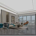Modern Living and Dining Room Interior With Marble TV Wall Large Windows Sofa And Rug