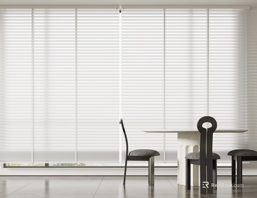 Elegant Interior with Full Length White Blinds Covering Windows and Dining Table 3d model