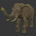 Gray Elephant with Raised Trunk and Long Tusks Standing on Gray Background