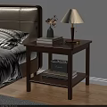 Two Tiered Walnut Nightstand with Table Lamp Vase Flowers Books and Eyeglasses in Cozy Bedroom