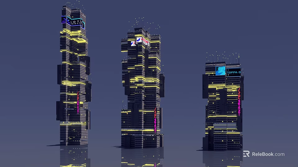 Futuristic Architecture Design Featuring Tall Skyscrapers With Neon Lighting And Digital Screens 3d model 