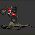 The Man Riding Red Motorcycle Performing High Jump On Mossy Rock Surface