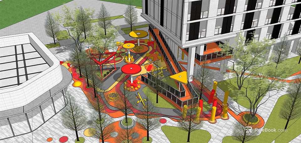 Colorful Children's Playground With Slides Umbrella Structures Trees And Modern Building 3d model 