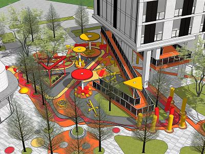 Colorful Children's Playground With Slides Umbrella Structures Trees And Modern Building 3d model