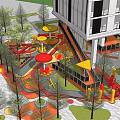 Colorful Children's Playground With Slides Umbrella Structures Trees And Modern Building