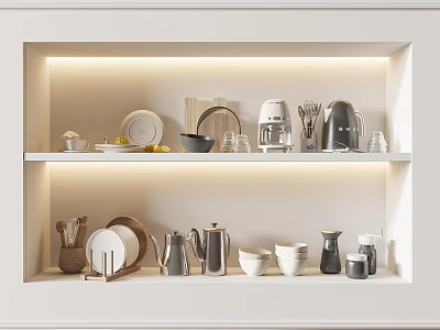 White Kitchen Cabinet With Plates Bowls Coffee Maker Kettle Mugs And Glasses 3d model