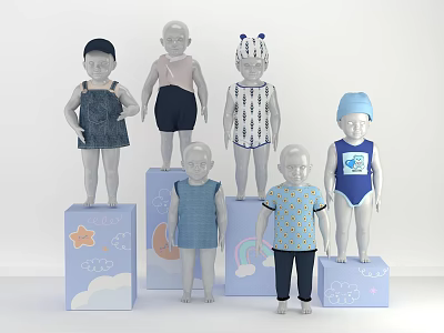 Kids Mannequins in Various Outfits Standing on Decorative Blue Bases with Clouds Stars and Rainbow 3d model