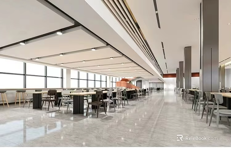 Spacious Modern Restaurant Interior With Large Windows Tables Chairs And Marble Flooring 3d model