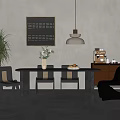Modern Dining Table Set With Chairs Pendant Light Wall Art And Potted Plant