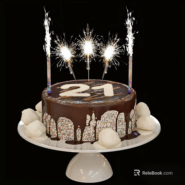Chocolate Birthday Cake With Dripping Icing Number 21 Sparkler Candles And White Decorative Balls 3d model 