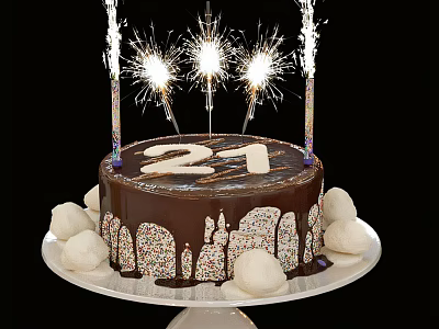 Chocolate Birthday Cake With Dripping Icing Number 21 Sparkler Candles And White Decorative Balls 3d model