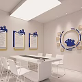 Modern Reception Desk Interior With Red Wall Company Logo White Blue Design And Green Plant