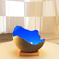 Egg Shaped Blue Table Lamp with Brown Base on Light Colored Table Soft Light Curtains 3d model