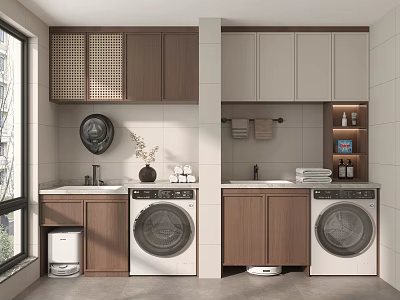 Modern Laundry Room With Wooden Cabinets Washing Machines Sink And Natural Light 3d model