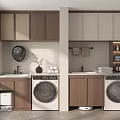 Modern Laundry Room With Wooden Cabinets Washing Machines Sink And Natural Light