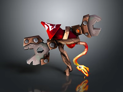 Mechanical Construct With Red Component Mechanical Claws Wooden Legs And Flame Effect 3d model