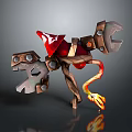 Mechanical Construct With Red Component Mechanical Claws Wooden Legs And Flame Effect